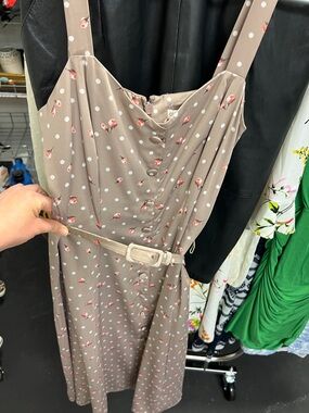 Eva Mendes NY& Co. Taupe Midi Dress with Pink Floral & White Polka Dots